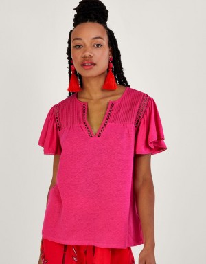 Pink Women's Monsoon V-Neck Woven in Linen Blend Tops | KAL-2039