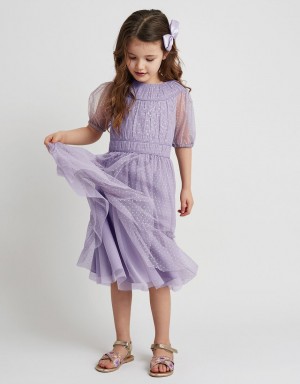 Purple Kids' Monsoon Darcy Sequin Gathered Dress | NDV-9847