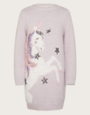 Purple Kids' Monsoon Unicorn Fluffy Knit Sweater Dress | TYS-8996