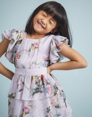 Purple Kids' Monsoon Violetta Floral Tiered Dress | WSZ-8111