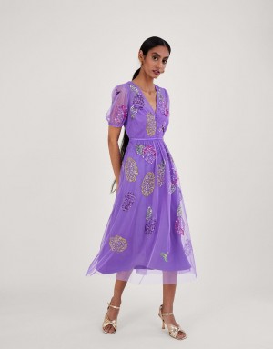 Purple Women's Monsoon Diana Embellished Tea in Recycled Polyester Dress | HUQ-6943