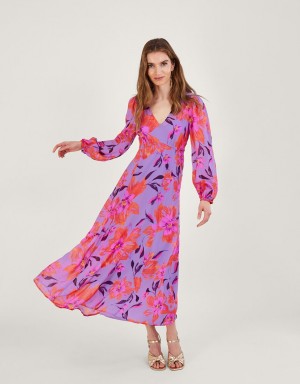 Purple Women's Monsoon Lillith Floral Print in Sustainable Viscose Dress | FYW-3514