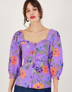 Purple Women's Monsoon Regina Print Puff Sleeve Tops | BVT-5488