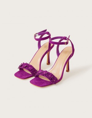 Purple Women's Monsoon Suede Flower Heel Sandals | UET-8014