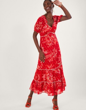 Red Women's Monsoon Arielle Tiered Print with Sustainable Viscose Dress | BAV-1996