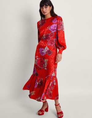 Red Women's Monsoon Esme Floral Tea Dress | PWR-3800