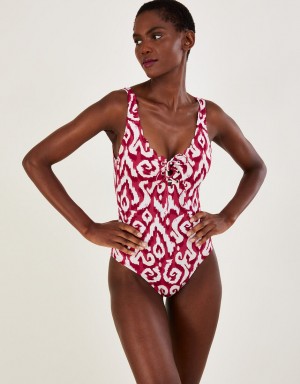 Red Women's Monsoon Ikat Print Tie-Up Swimsuit with Recycled Polyester Swimwear | NYN-8374