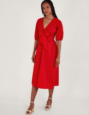 Red Women's Monsoon Inez Plain Tie Front Midi Dress | MVF-0555