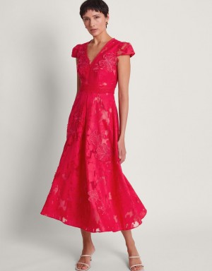 Red Women's Monsoon Josie Jacquard Tea Dress | VLW-5406