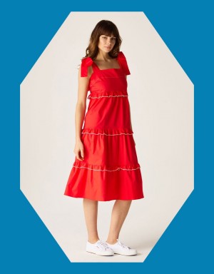 Red Women's Monsoon Mirla Beane Tiered Midi Dress | CBT-8091