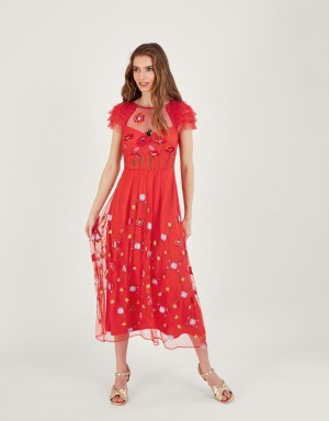 Red Women's Monsoon Octavia Embroidered Midi Dress | HLB-1734