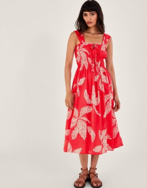 Red Women's Monsoon Palm Spot Print Midi Sundress in Sustainable Cotton Dress | RKX-0176