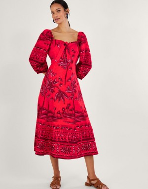 Red Women's Monsoon Paola Palm Print with LENZING™ ECOVERO™ Dress | YTE-5112