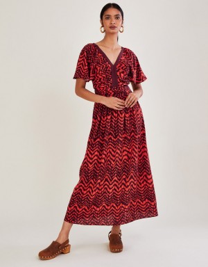 Red Women's Monsoon V-Neck Zig-Zag Animal Print Dress | HKL-8273