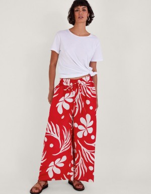 Red Women's Monsoon Wide Leg Palm Print Trousers Pants | JDY-3247