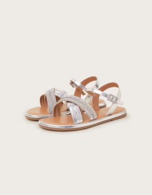 Silver Kids' Monsoon Diamante Cross-Over Sandals | CWH-3915