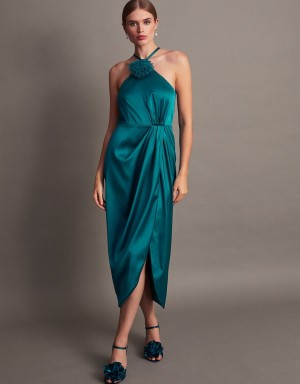 Turquoise Women's Monsoon Sabrina Corsage Halterneck Dress | XKW-8293