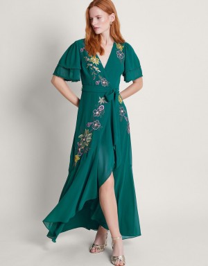 Turquoise Women's Monsoon Wanda Floral Embellished Dress | PWT-0705