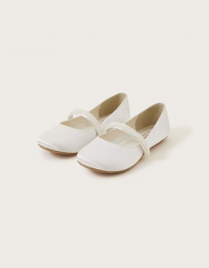 White Kids' Monsoon Communion Pearl Strap Ballerina Flats | JWY-6840