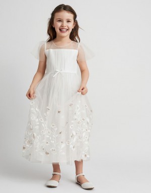 White Kids' Monsoon Liliana Border Embroidered Dress | EZM-6754