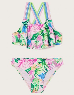 White Kids' Monsoon Tropical Palm Print Bikini Swimwear | KPJ-6938