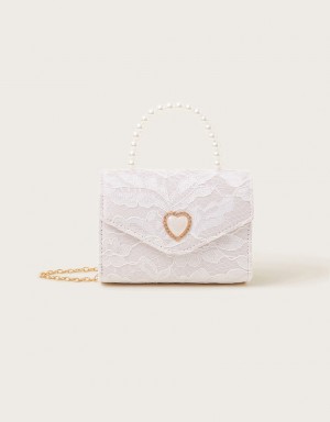 White Kids' Monsoon Valeria Lace Pearl Heart Bags | HID-4117