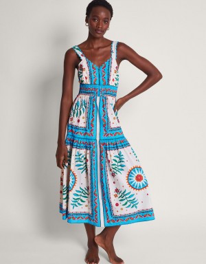 White Women's Monsoon Anya Border Print Dress | GHL-9229