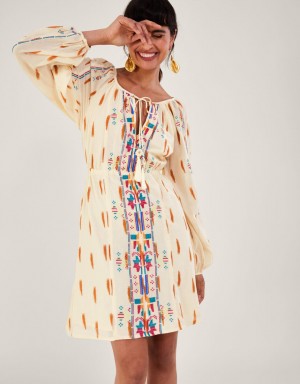 White Women's Monsoon Aztec Print and Embroidered Short Dress | AMO-4107