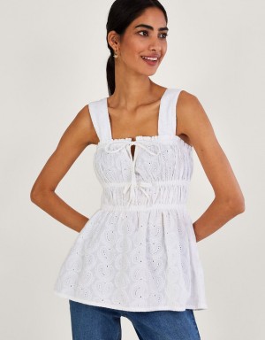 White Women's Monsoon Broderie Wide Strap Cami Tops | IIZ-9223