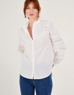 White Women's Monsoon Bronwyn Broderie Pintuck Embroidered Blouse | XBS-2257