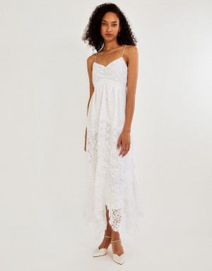 White Women's Monsoon Carla Lace Hanky Hem Bridal Maxi Dress | DAR-9826