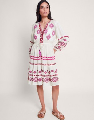 White Women's Monsoon Catia Embroidered Kaftans | IXA-9577