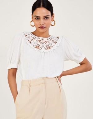 White Women's Monsoon Crochet Frill Sleeve in Linen Blend Tops | HYE-0738