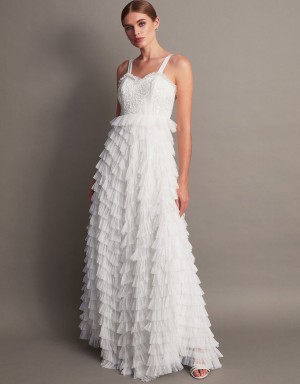 White Women's Monsoon Ellen Frill Maxi Bridal Dress | SGP-8485