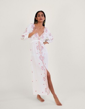 White Women's Monsoon Embroidered Maxi Kaftan in LENZING™ ECOVERO™ Dress | VIW-9713
