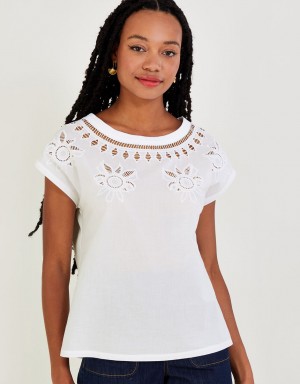 White Women's Monsoon Floral Cut-Out T-Shirt | PPQ-5515