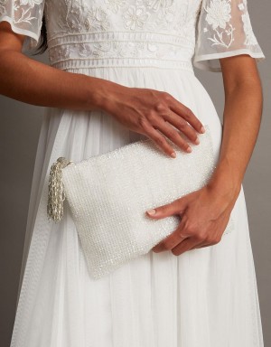 White Women's Monsoon Hand-Beaded Zip Pouch Bags | KHA-6711