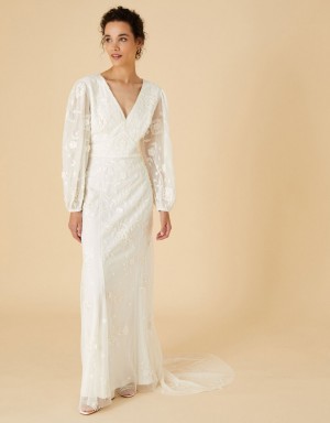 White Women's Monsoon Jennifer Long Sleeve Bridal Maxi Dress | ZXP-6083