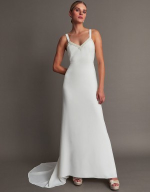 White Women's Monsoon Kate Pearl Trim Bridal Dress | UNP-7109