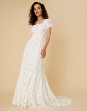 White Women's Monsoon Kim Square Neck Lace Bridal Dress | EUA-0125