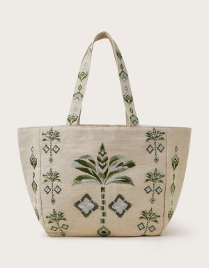 White Women's Monsoon Palm Canvas Tote Bags | ESI-5651