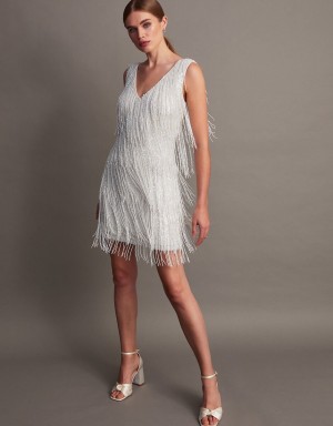 White Women's Monsoon Stevie Fringe Bridal Dress | SKK-3748