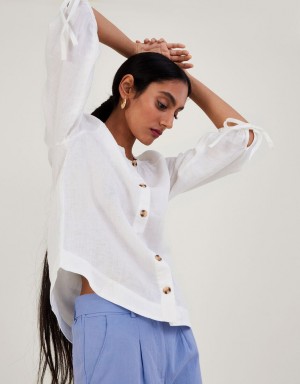 White Women's Monsoon Tie Cuff Button Through Linen Blouse | GFB-4123