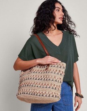 White Women's Monsoon Tonal Raffia Shopper Bags | NZT-2278