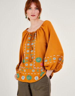 Yellow Women's Monsoon Embroidered Flower Tunic in Linen Blend Tops | CSE-6365