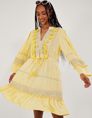 Yellow Women's Monsoon Embroidered Pom-Pom Kaftan in LENZING™ ECOVERO™ Dress | OUB-7508