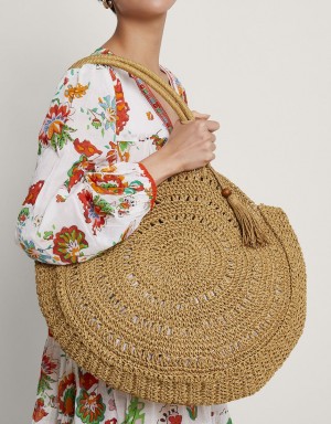 Yellow Women's Monsoon Round Metallic Raffia Bags | QQY-0827