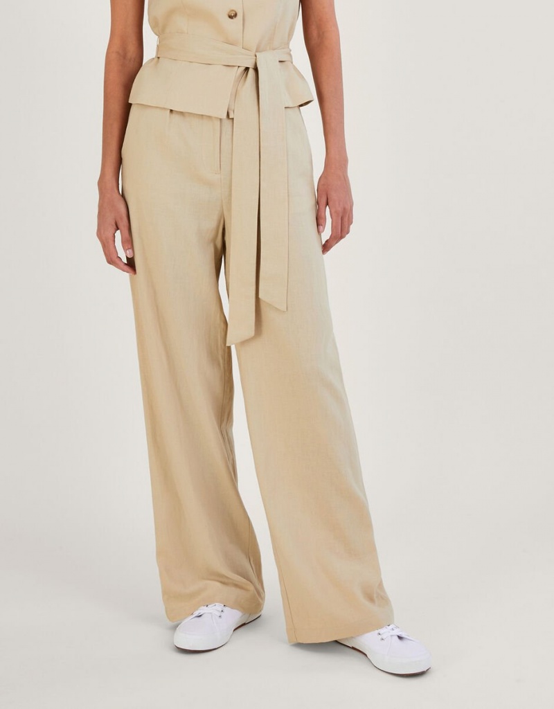 Beige Women's Monsoon Jenny in Linen Blend Pants | AVL-8289