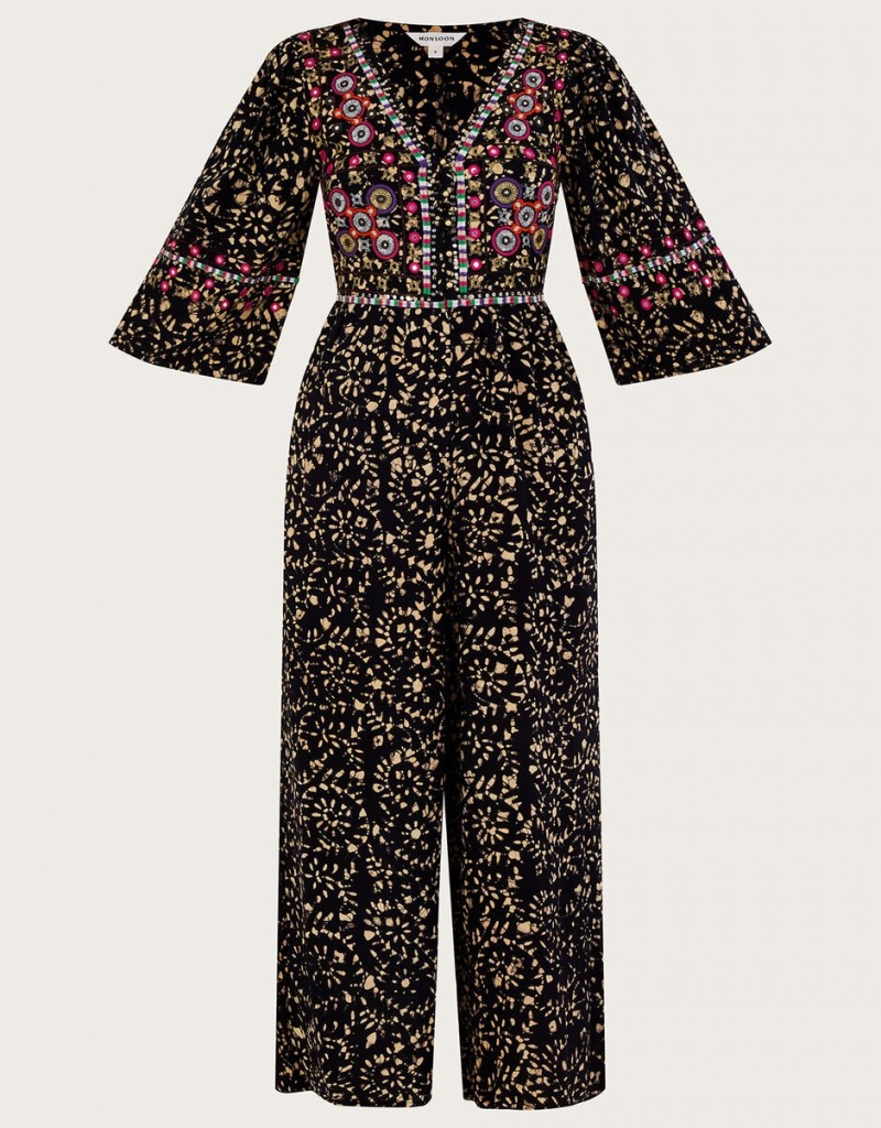 Black Women's Monsoon Batik Embroidered in LENZING™ ECOVERO™ Jumpsuit | BOV-6589