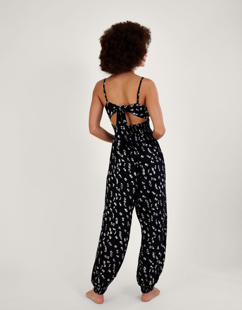 Black Women's Monsoon Batik Print Shirred LENZING™ ECOVERO™ Jumpsuit | YLK-6376